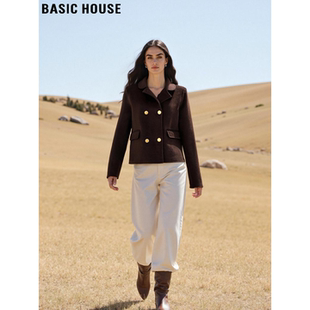 Basic House/百家好棕色翻领羊毛呢外套女冬高级感小个子短款上衣