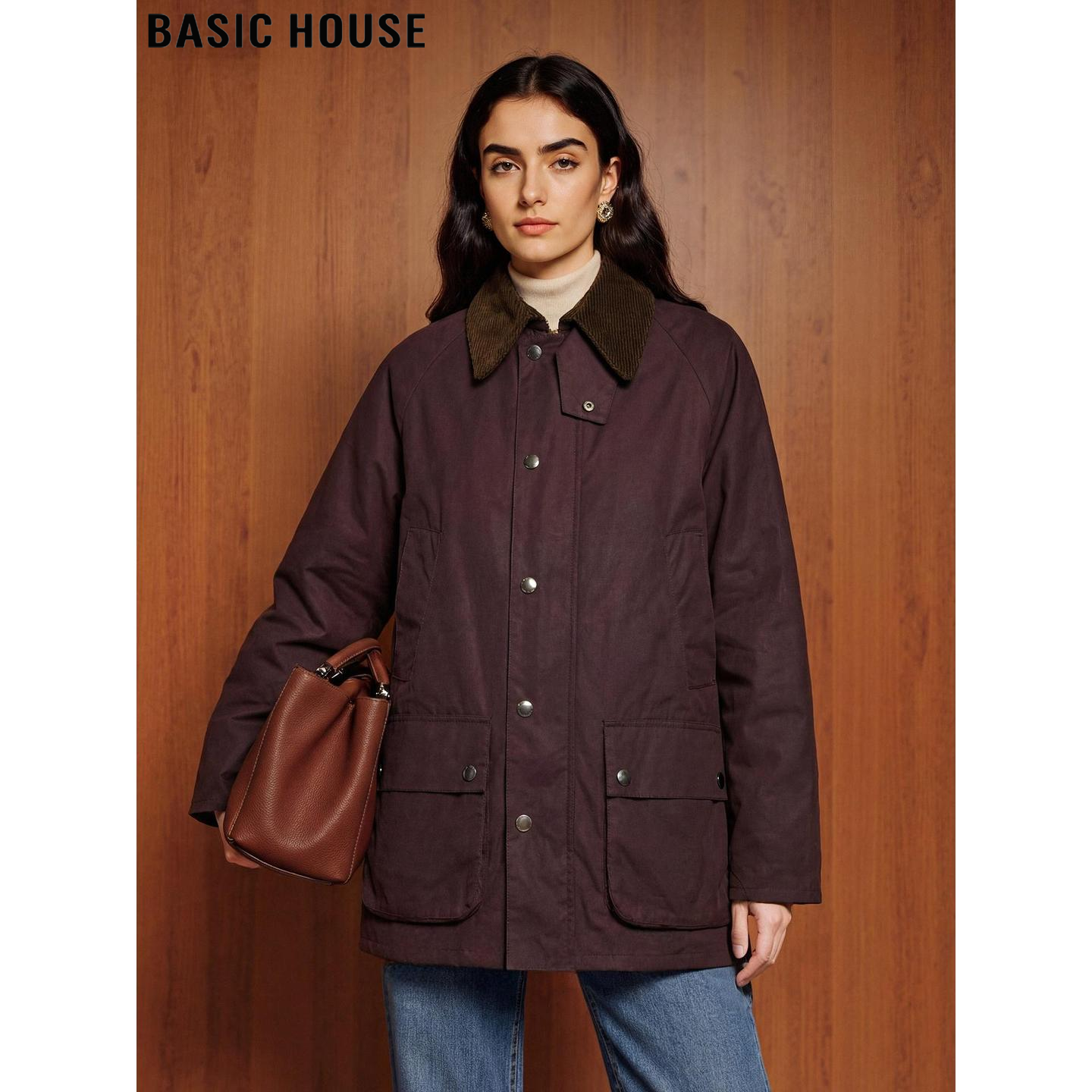 Basic House/百家好巴恩风灯芯绒翻领工装外套女春季宽松夹克棉服