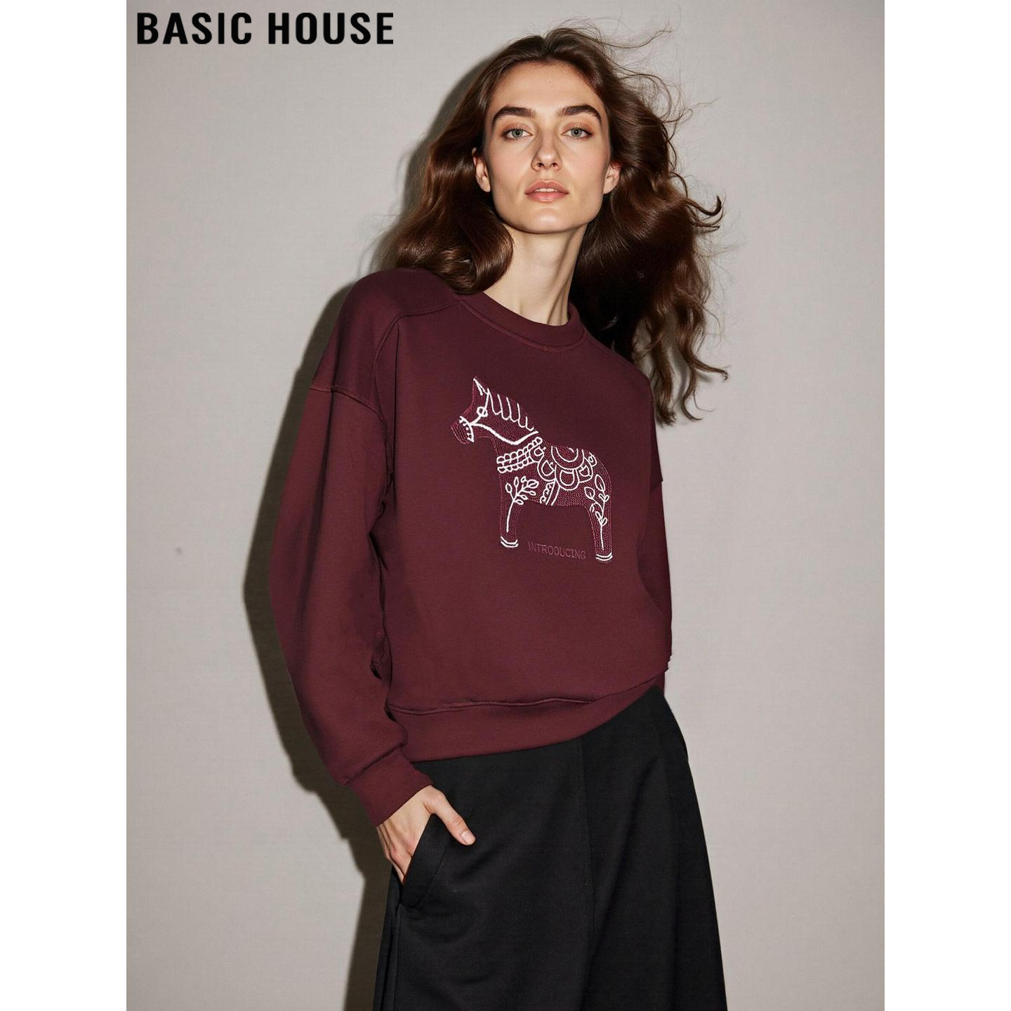 百家好小马刺绣加绒卫衣女慵懒风