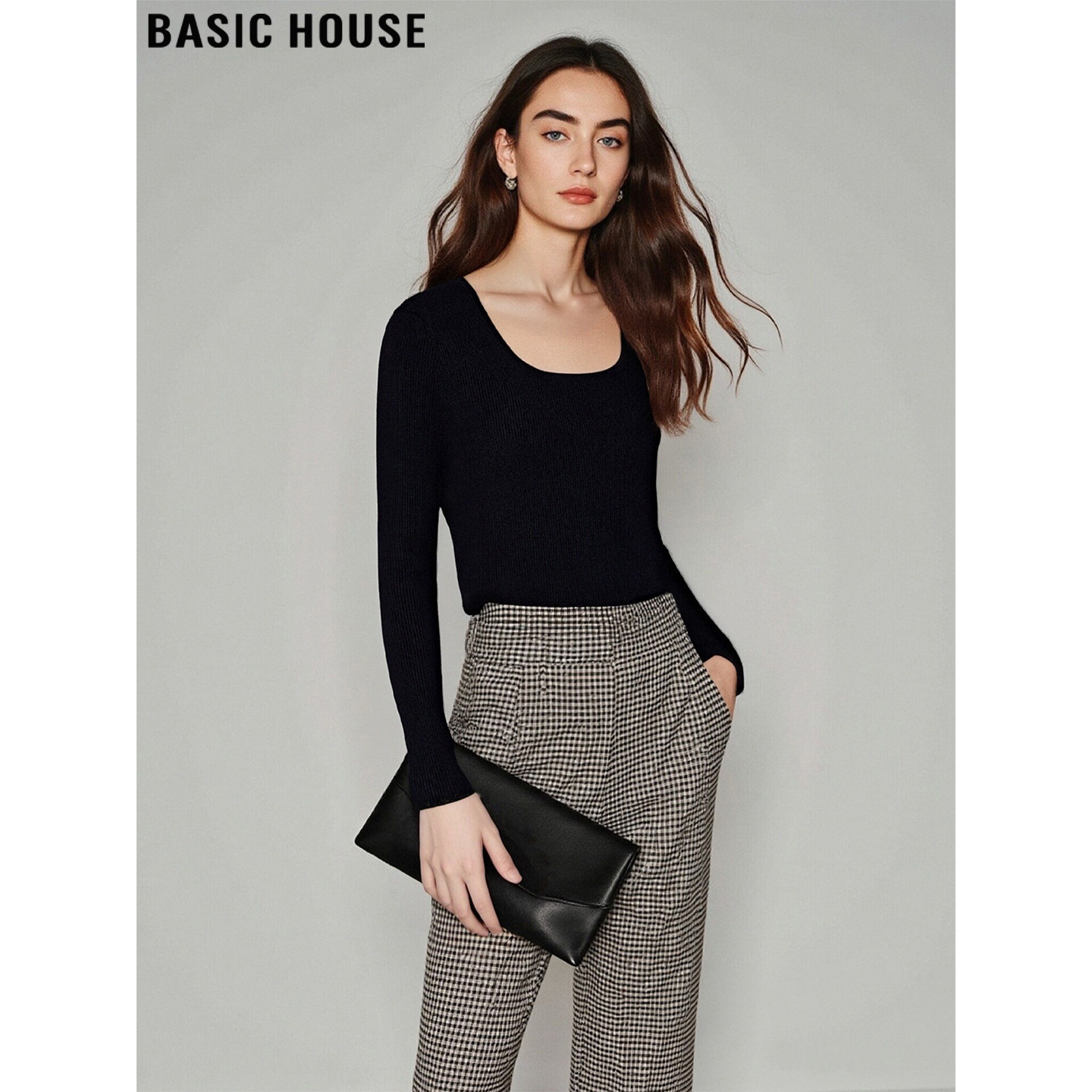 Basic House/百家好黑色方领针织衫女冬季修身内搭上衣长袖打底衫,女装/女士精品,毛针织衫,淘宝优惠券,粉丝福利购,淘宝优惠卷