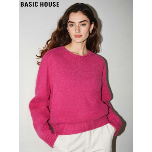 百家好粉色100%羊毛加厚圆领毛衣