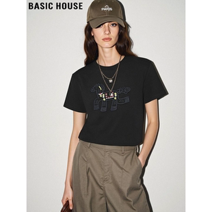 新款 Basic T恤女2026夏季 百家好小马刺绣纯棉短袖 黑色体恤 House