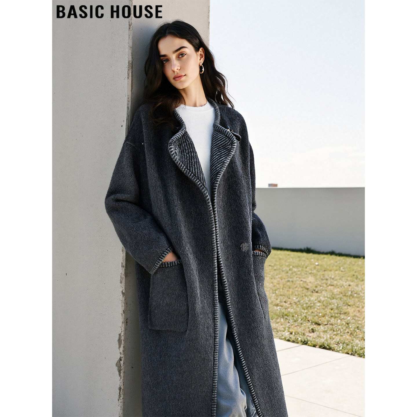 Basic House/百家好高级感灰色羊毛呢大衣女士冬季中长款毛呢外套,女装/女士精品,毛呢外套,淘宝优惠券,粉丝福利购,淘宝优惠卷