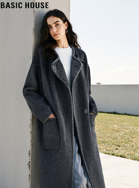 Basic House/百家好高级感灰色羊毛呢大衣女士冬季中长款毛呢外套