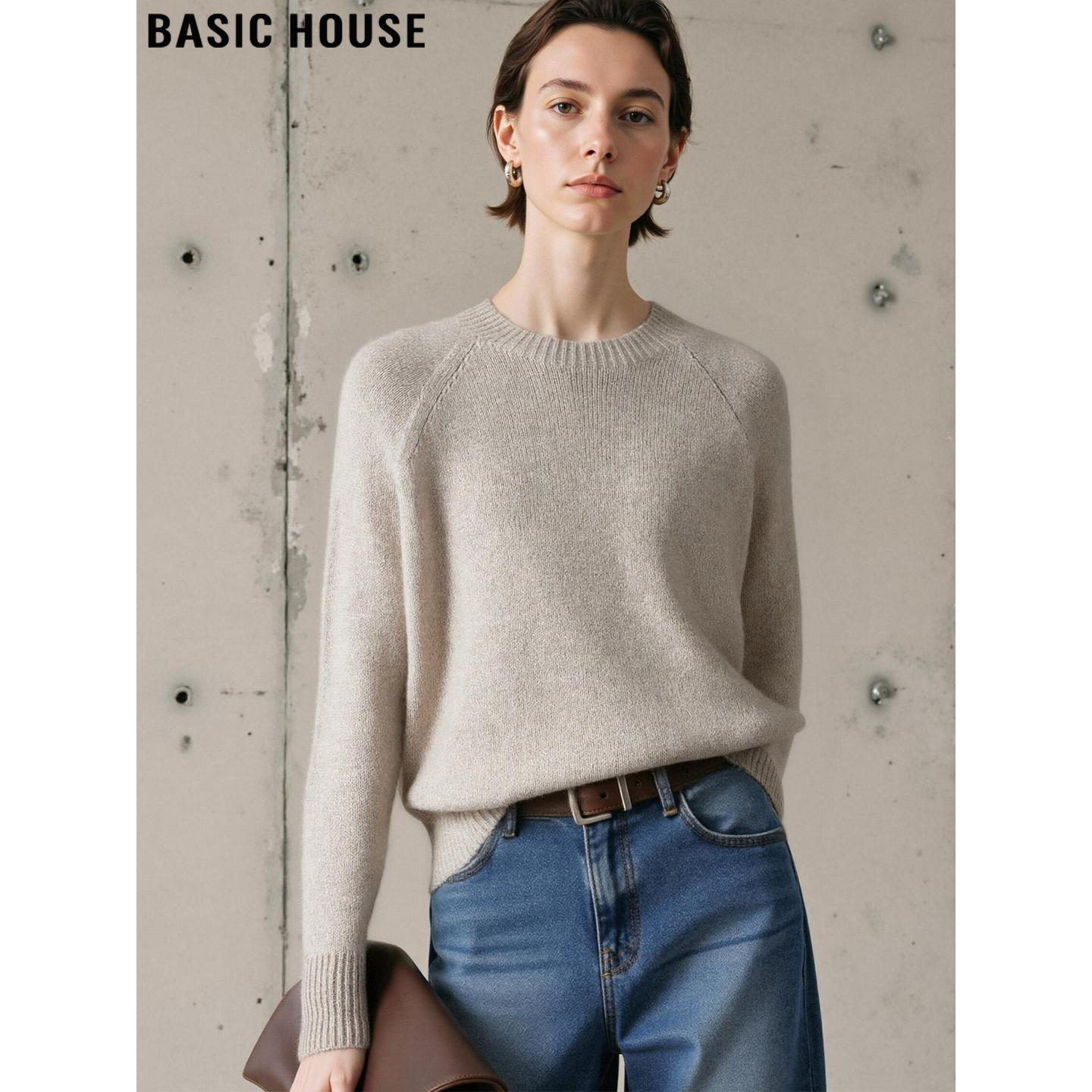 Basic House/百家好100%羊毛圆领针织衫女士春季宽松软糯打底毛衣,女装/女士精品,毛针织衫,淘宝优惠券,粉丝福利购,淘宝优惠卷