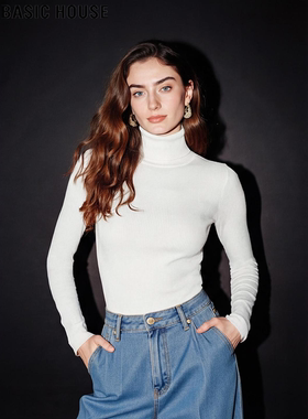 Basic House/百家好白色高领针织衫女冬季含羊毛修身软糯打底毛衣