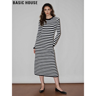 加厚长款 百家好100%羊毛条纹圆领连衣裙女冬季 打底裙 House Basic