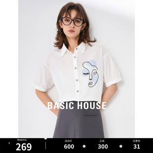 2024夏季 Basic 百家好设计感印花衬衫 百搭插肩女上衣 House 新款