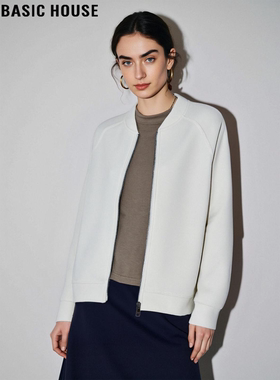 Basic House/百家好杏色圆领卫衣外套女士冬季美式修身加厚棒球服