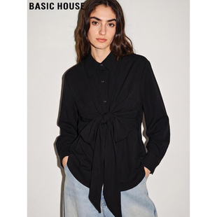 Basic House/百家好设计感绑带长袖衬衫女士2026春季新款收腰上衣