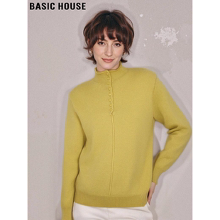 Basic House/百家好亮色系黄色半高领针织衫女春季慵懒风软糯毛衣