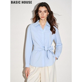 House 百家好蓝色纯棉衬衫 女2026春季 Basic 新款 蕾丝拼接收腰衬衣