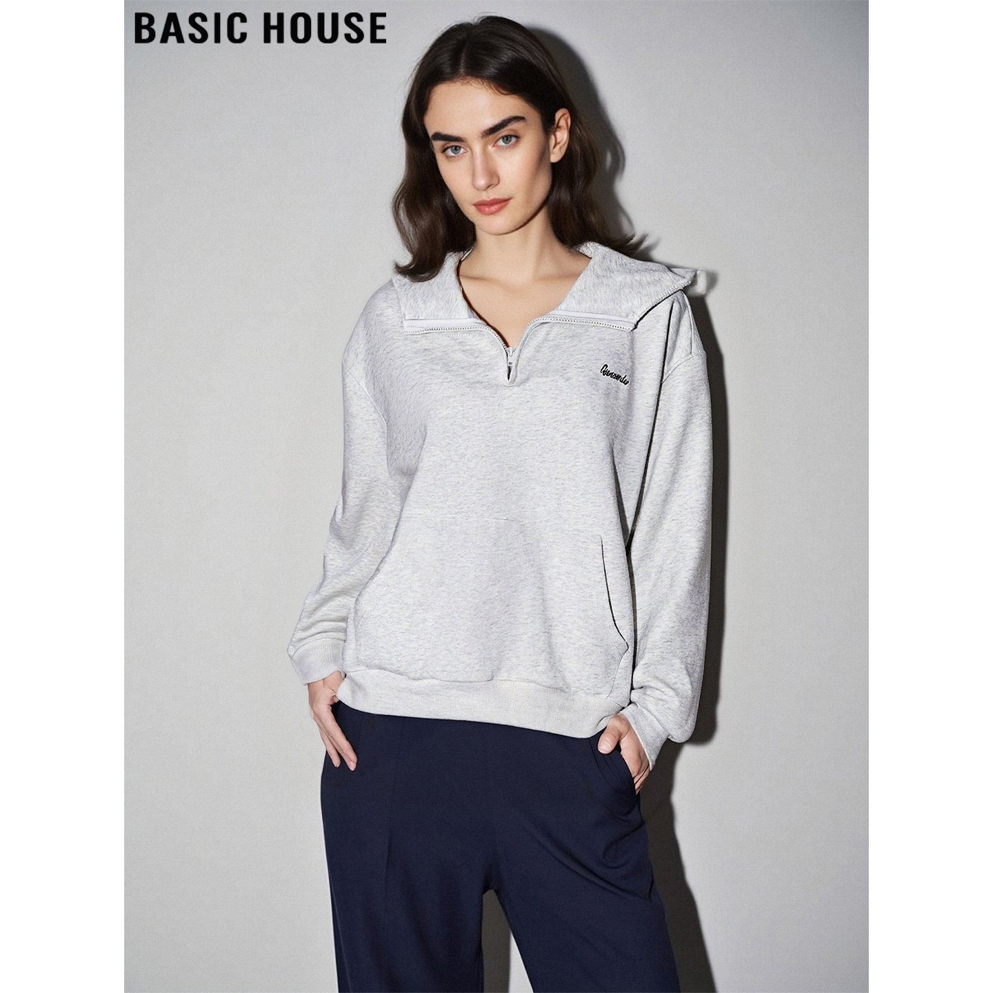 百家好美式灰色半拉链连帽卫衣女