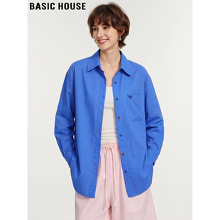 女春季 Basic 衬衫 百家好蓝色翻领棉麻长袖 宽松通勤休闲外套 House