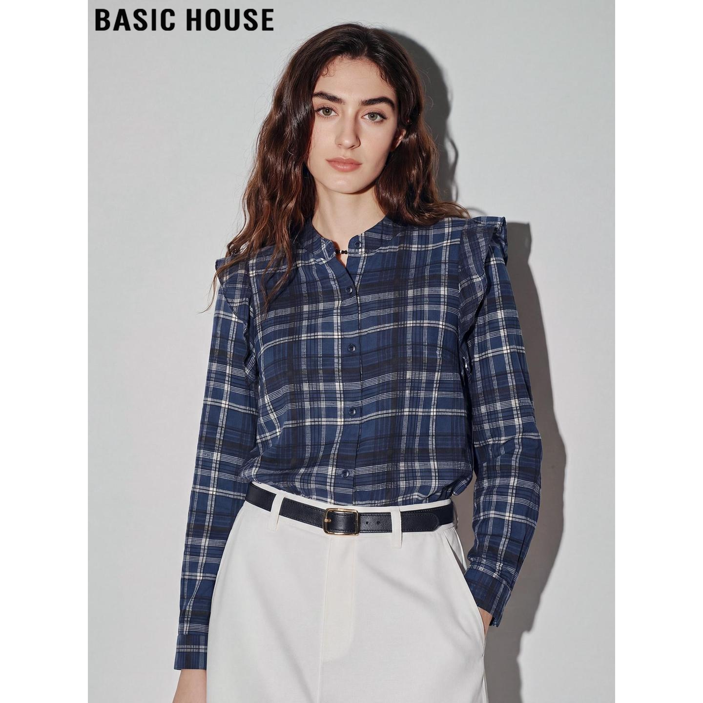 Basic House/百家好复古风格子衬衫女2026春季新款木耳边立领衬衣