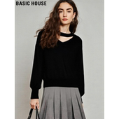 Basic 内搭打底设计感毛衣 女冬季 House 百家好黑色V领挂脖针织衫