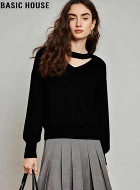 Basic House/百家好黑色V领挂脖针织衫女冬季内搭打底设计感毛衣