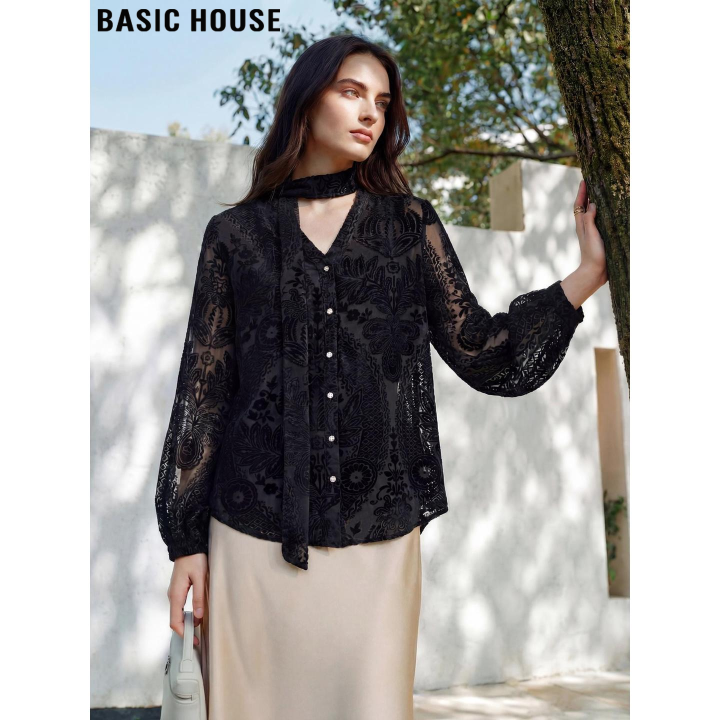 Basic House/百家好黑色飘带丝绒花纹衬衫女2026春季新款镂空上衣,女装/女士精品,衬衫,淘宝优惠券,粉丝福利购,淘宝优惠卷