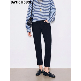 Basic House/百家好黑色八分牛仔裤女士冬季小个子修身加绒直筒裤