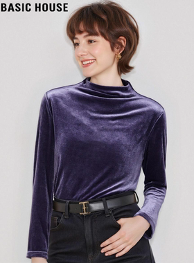 Basic House/百家好高级感金丝绒半高领打底衫女秋冬内搭气质上衣