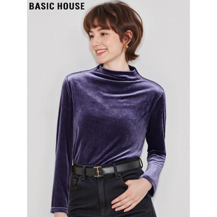 Basic House/百家好高级感金丝绒半高领打底衫女冬季内搭气质上衣