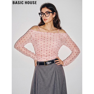 新款 Basic T恤女2026春季 百家好设计感波点网纱一字肩长袖 House