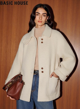 Basic House/百家好小个子羊毛双面呢大衣女冬季加厚翻领毛呢外套