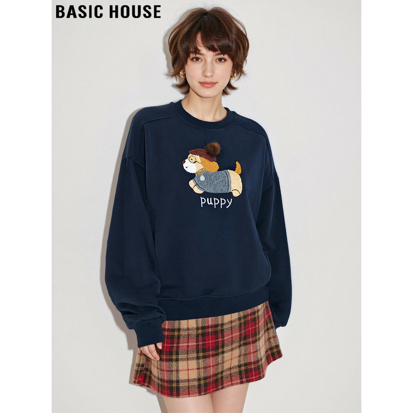 百家好藏青色小狗刺绣加厚打底衫