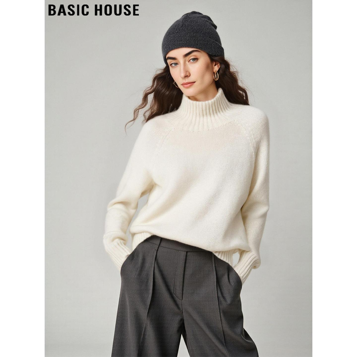 Basic House/百家好白色高领100%羊毛针织衫女冬宽松加厚打底毛衣,女装/女士精品,毛针织衫,淘宝优惠券,粉丝福利购,淘宝优惠卷