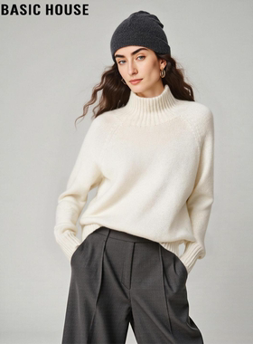Basic House/百家好白色高领100%羊毛针织衫女冬宽松加厚打底毛衣