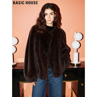 Basic House/百家好美拉德咖色环保皮草女冬季加厚保暖毛茸茸外套