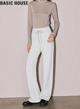 Basic House/百家好白色加绒加厚运动裤女士冬季高腰垂感直筒卫裤