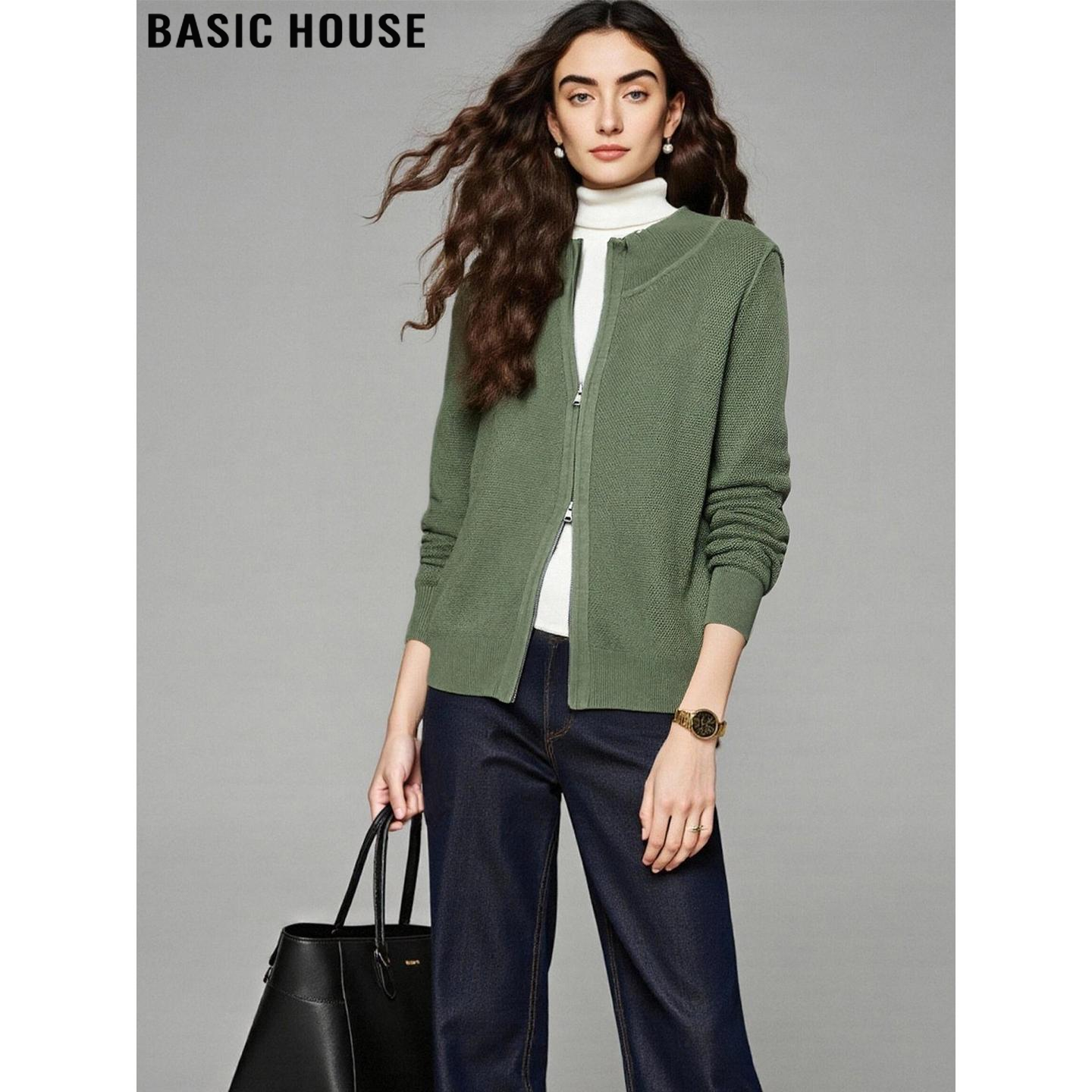 百家好绿色立领长袖针织开衫