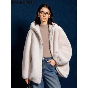 加厚保暖毛茸茸外套 百家好米白色连帽环保皮草女春季 Basic House