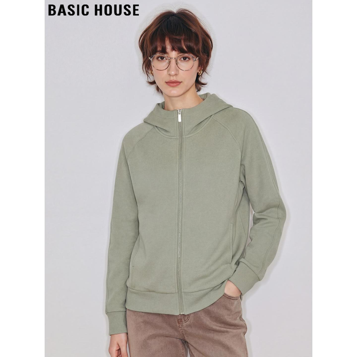 Basic House/百家好绿色拉链连帽卫衣女2026春季新款休闲宽松外套,女装/女士精品,短外套,淘宝优惠券,粉丝福利购,淘宝优惠卷