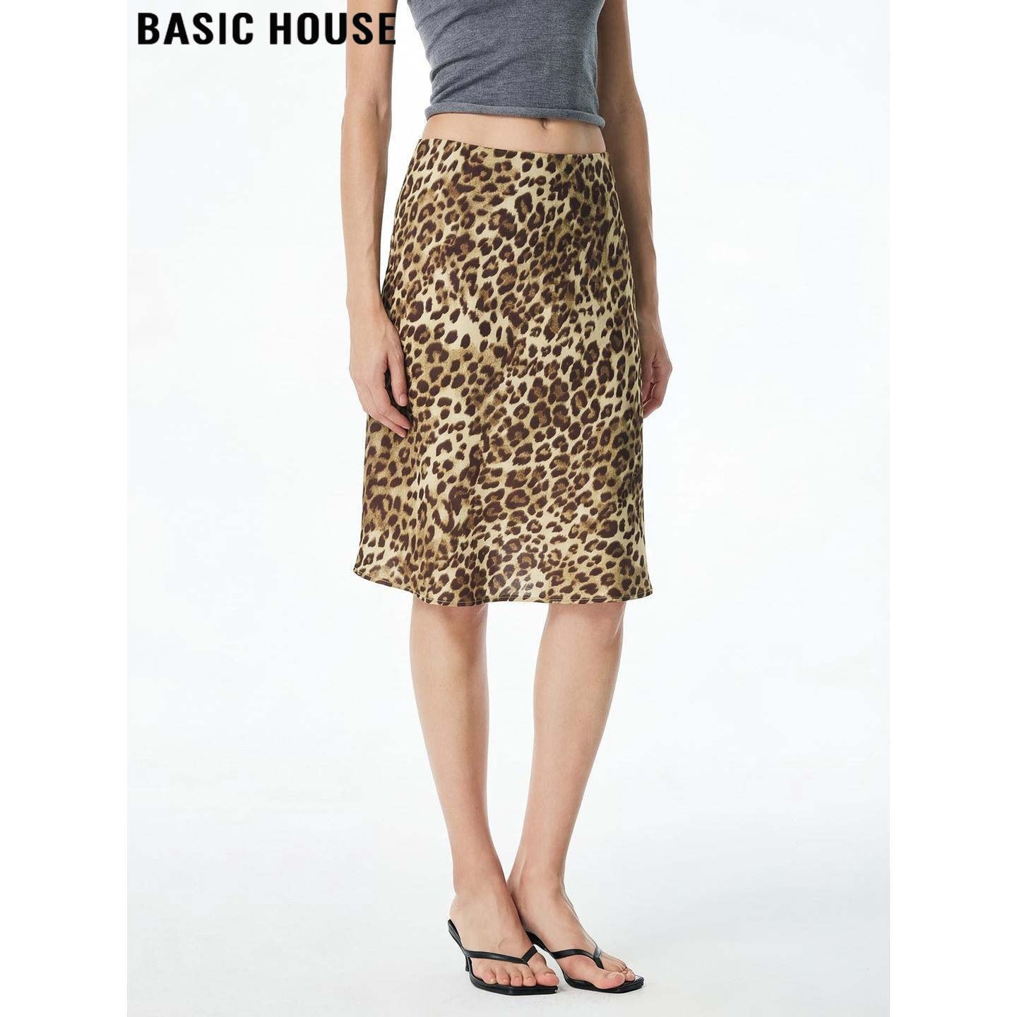 Basic House/百家好美式豹纹缎面半身裙女2026春季新款高腰短裙子