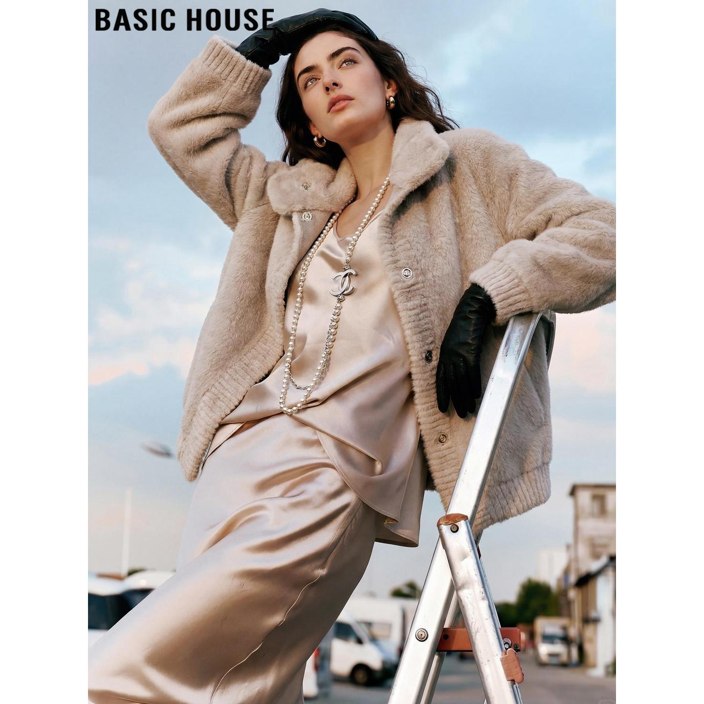 Basic House/百家好灰色翻领环保皮草女春季轻奢加厚保暖毛毛外套
