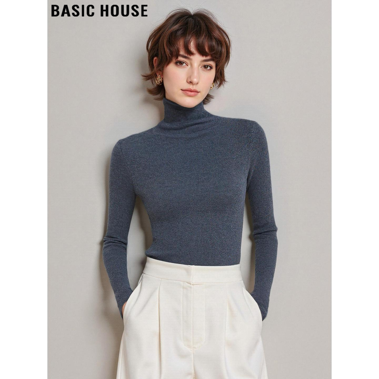 Basic House/百家好深灰色高领针织打底衫女冬含羊毛内搭软糯毛衣,女装/女士精品,毛针织衫,淘宝优惠券,粉丝福利购,淘宝优惠卷