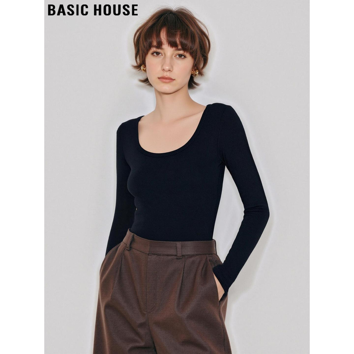 百家好夜幕黑方领打底衫女内搭