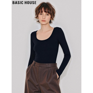 简约百搭弹力修身 百家好黑色方领T恤女春季 内搭上衣 House Basic