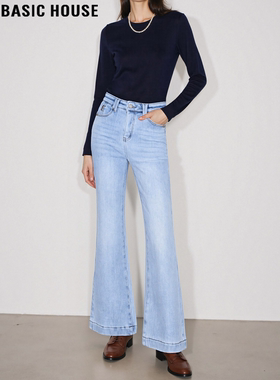 Basic House/百家好浅蓝色微喇牛仔裤女士冬季加绒加厚高腰喇叭裤
