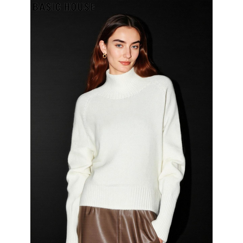 百家好100%羊毛奶白高领针织衫女