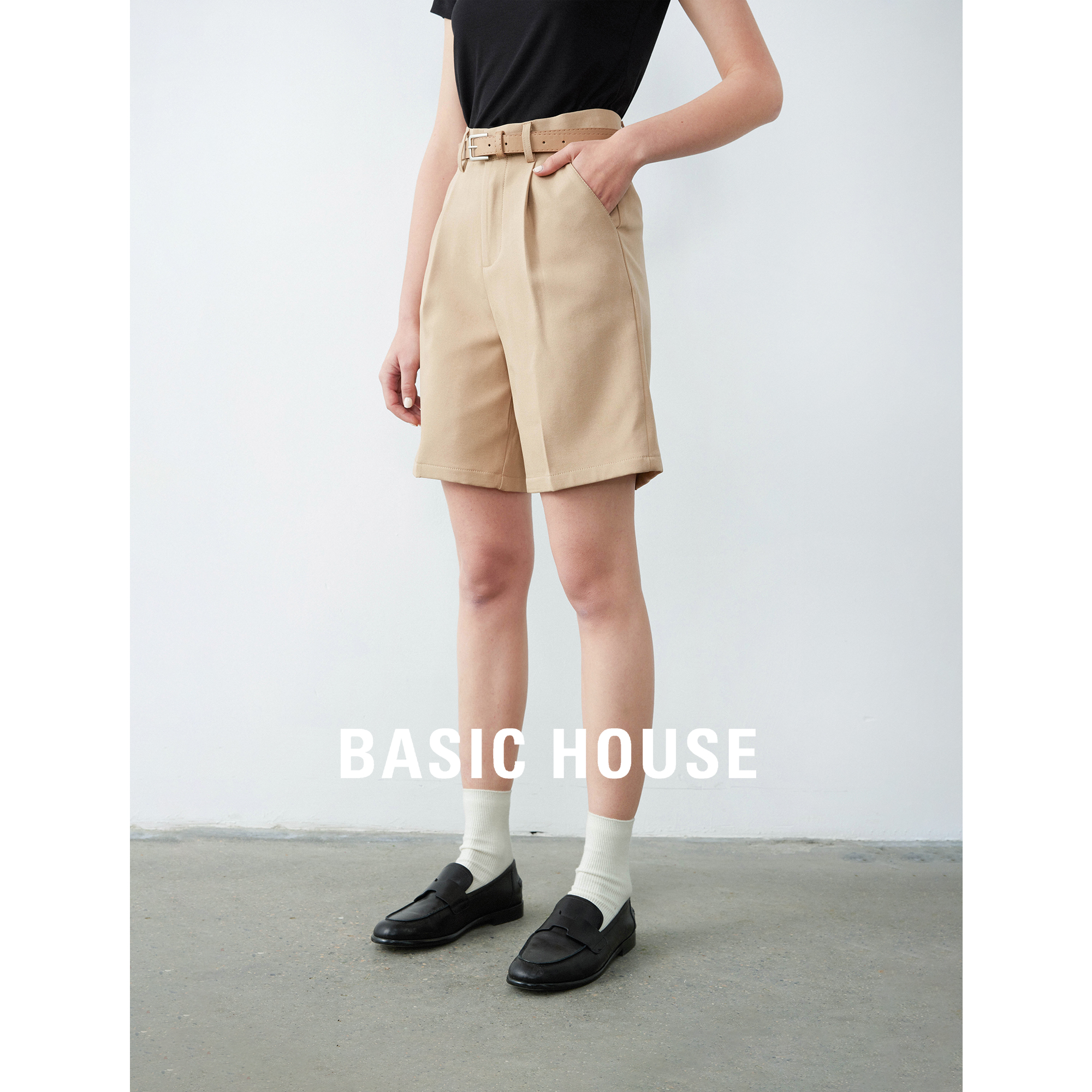 Basic House/百家好短裤休闲宽松2023夏季新款百搭高腰直筒裤女