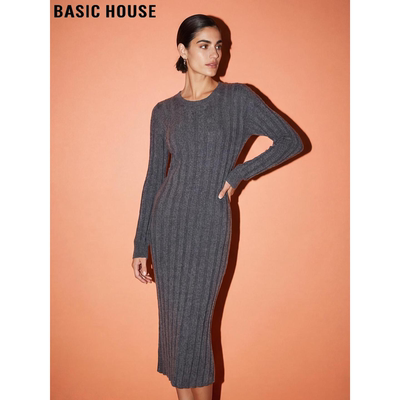 百家好深灰色圆领打底羊毛连衣裙