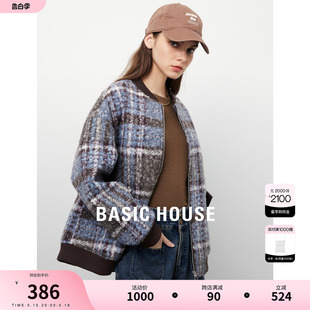 新款 Basic House 百家好休闲棒球服短外套春季 粗花呢拼色格子外套