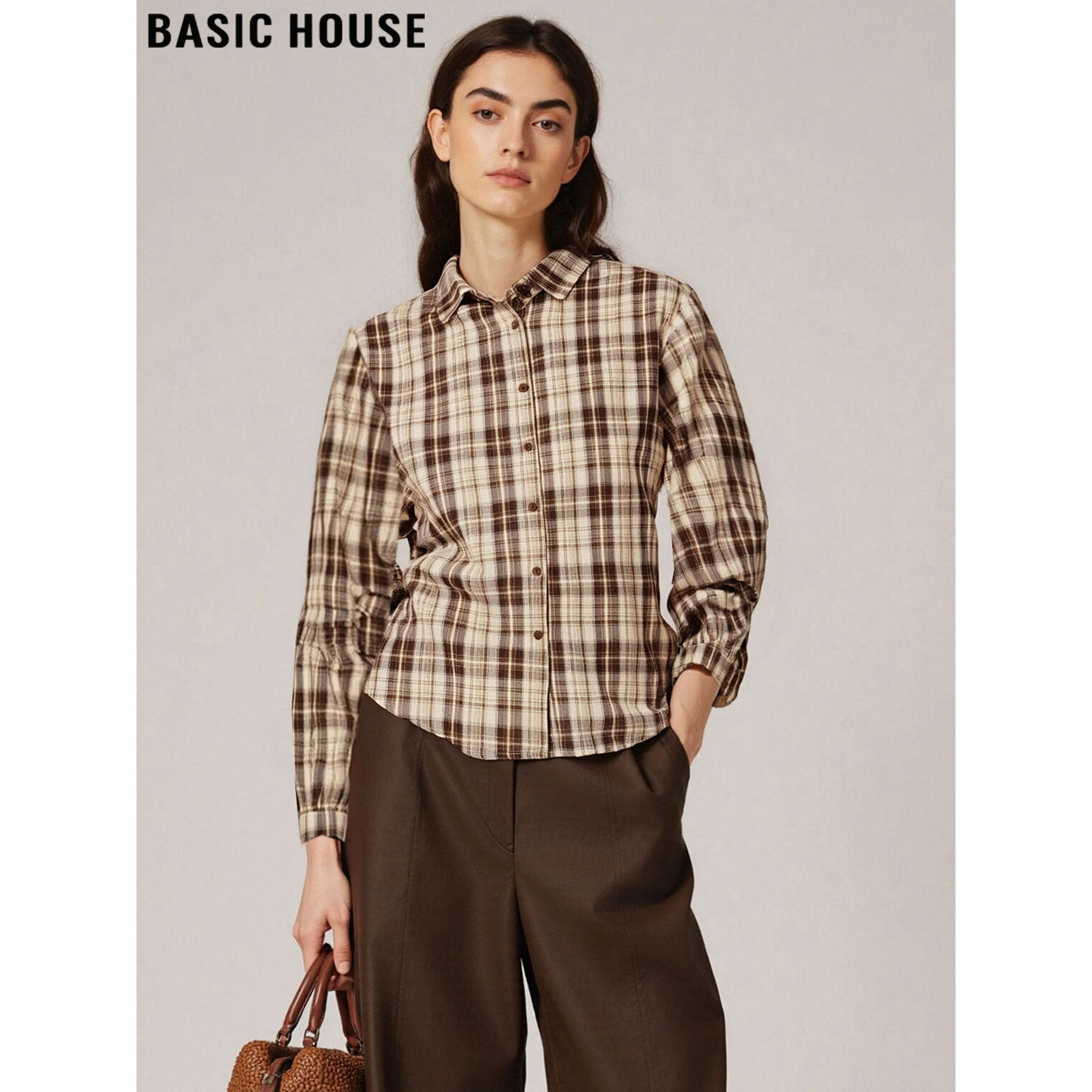百家好美拉德咖色格子衬衫女亚麻