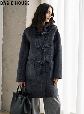 Basic House/百家好牛角扣灰色毛呢外套女冬加厚过膝长款羊毛大衣