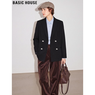 Basic House/百家好黑色西装外套女2026春季新款廓形双排扣小西服