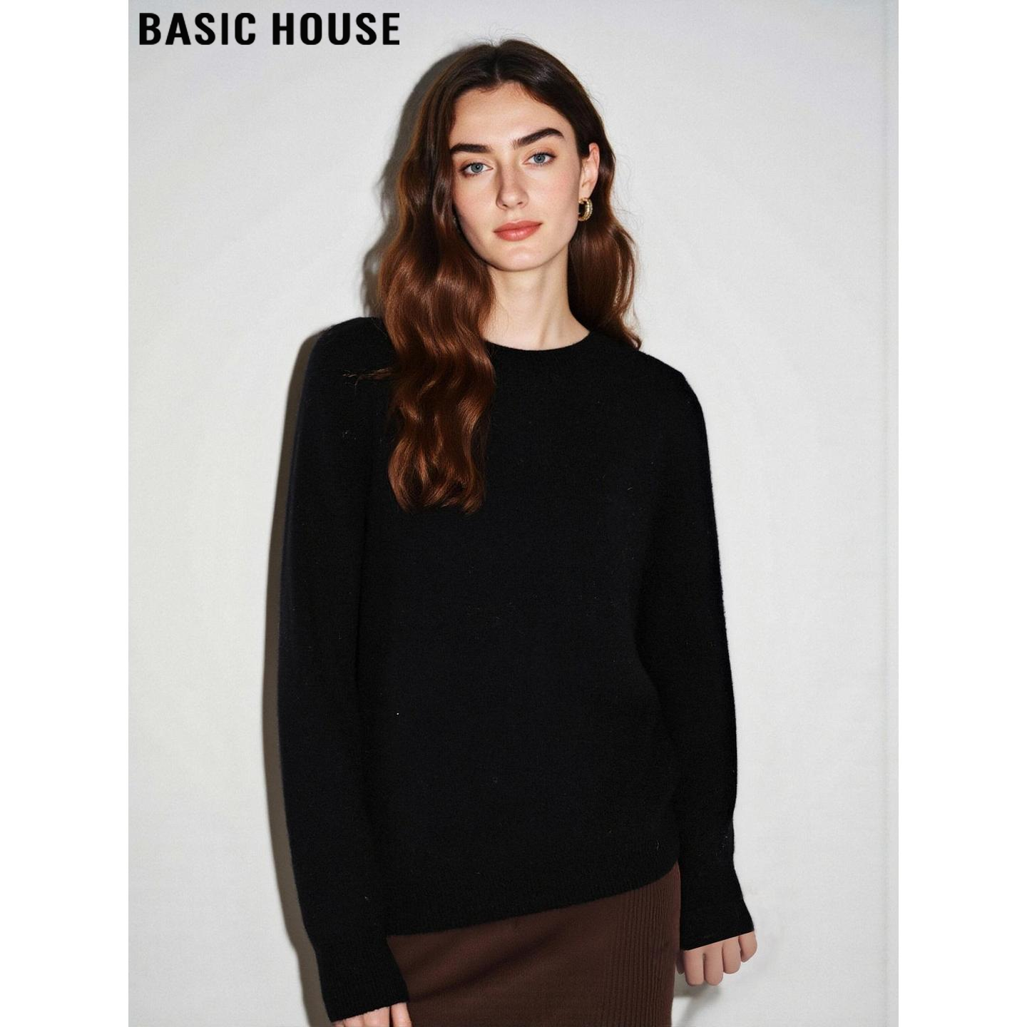 Basic House/百家好100%羊毛黑色圆领毛衣女士冬季软糯针织打底衫,女装/女士精品,毛针织衫,淘宝优惠券,粉丝福利购,淘宝优惠卷