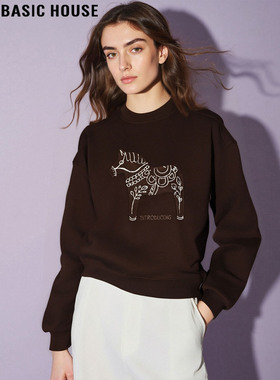 Basic House/百家好美拉德咖色圆领卫衣女秋冬设计感刺绣加绒上衣